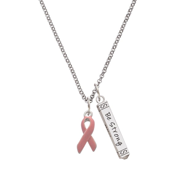Delight Jewelry Silvertone Pink Ribbon Silvertone Be Strong and Courageous Bar Charm Necklace, 23"