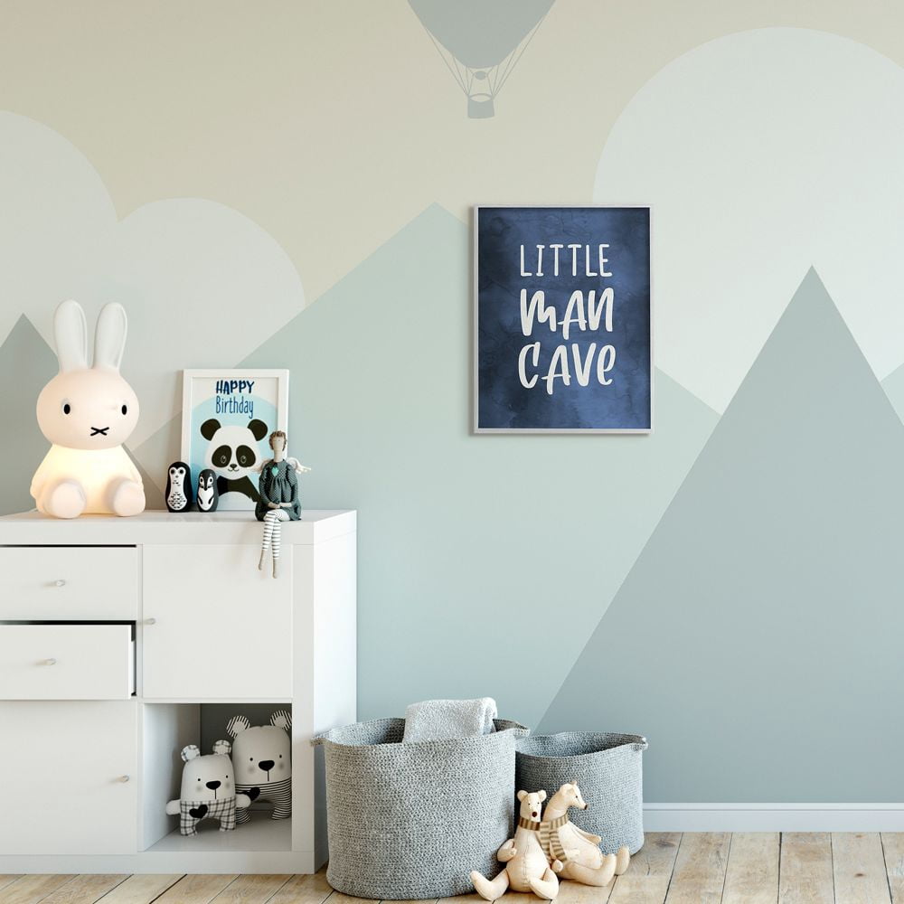 Stupell Industries Little Man Cave Text Over Navy Blue Watercolor Pattern Framed Wall Art Design by Daphne Polselli, 16" x 20", Gray Framed