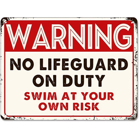Tin Sign No Lifeguard on Duty Swim at Your Own Risk Pool Sign - 12×8 Inches, Eye-catching Rustproof Aluminum, Vintage Pool Safety Decor