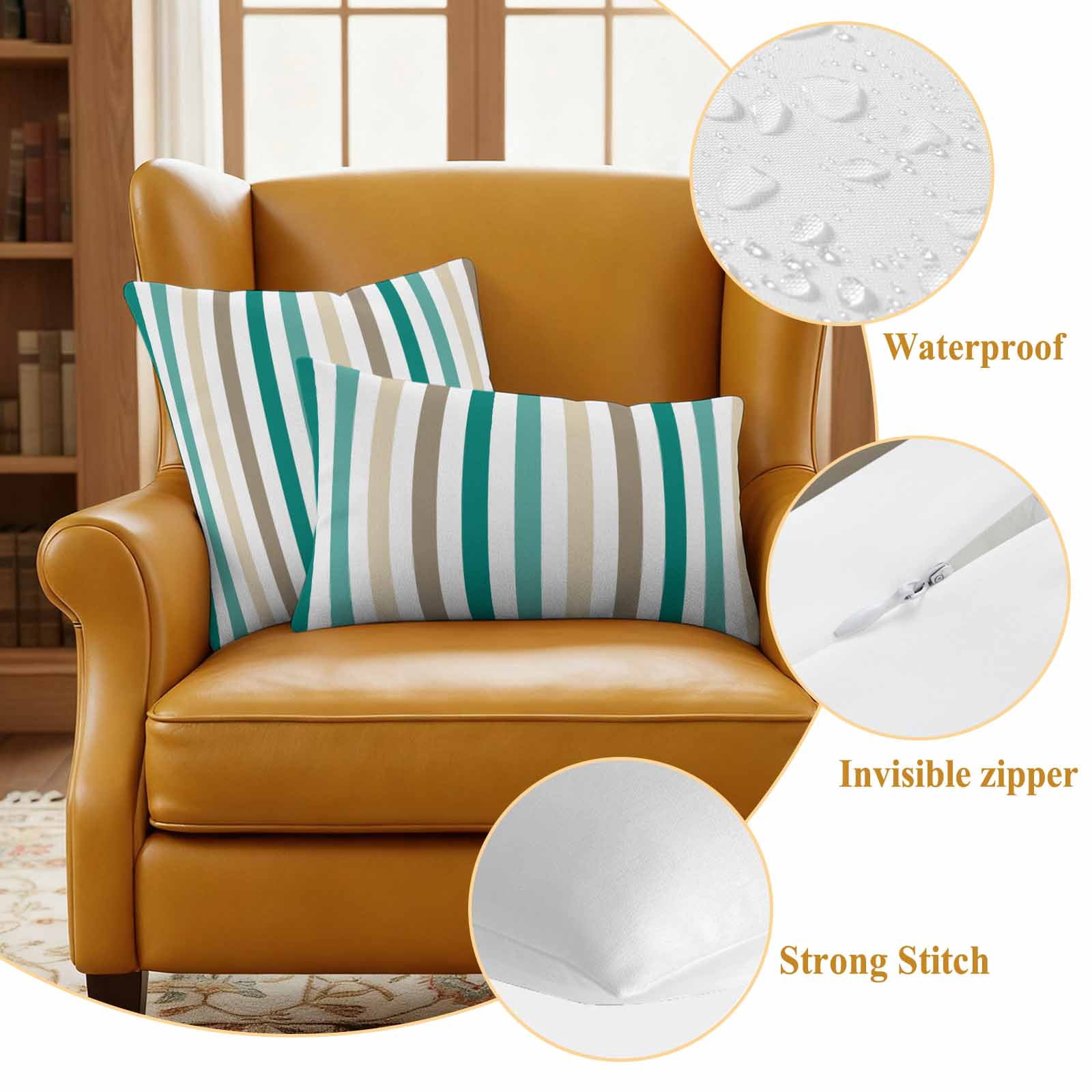 Teal Brown Stripe Outdoor Waterproof Pillow Covers, Gradient Geometric Vertical Striped Decorative Square Throw Pillowcase Sofa Cushion Sham for Patio/Couch/Chair, 18"x18" 2 Pack