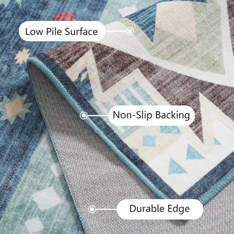 Jamfeel Area Rugs Boho Print Low Pile Washable Carpet Soft Non-slip Rug for Living Room Bedroom Kitchen 5'x8' Blue