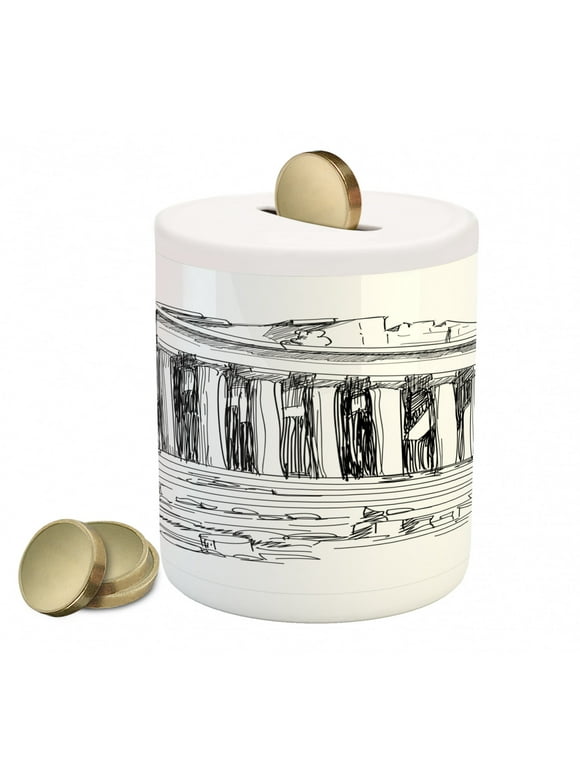 Antique Piggy Bank, Hand Drawn Greece Pantheon Sketch Antique Roman Historical Cultural Heritage Print, Ceramic Coin Bank Money Box for Cash Saving, 3.6" X 3.2", Black White, by Ambesonne