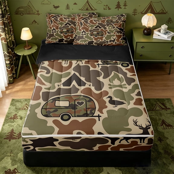 catabedysis Rustic Camo Camping Zipper Twin Comforter Sets with Fitted Sheet and 2 Pillowcases,Jungle Animal Deer Bear Zipper Bedding Set For Boys,Green Brown,Black Reversible,4-Piece