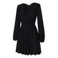 thumbnail image 3 of Leadingstar Women Solid Long Sleeve Elastic Waist Wrap V-Neck Fit Flare Dress Burgundy L, 3 of 9