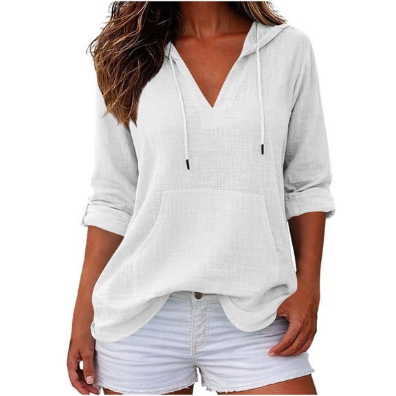 BUIGTTKLOP Women's Beach Cover up Hoodies Sweatshirt Long Sleeve V Neck Hooded Shirt Top with Pockets