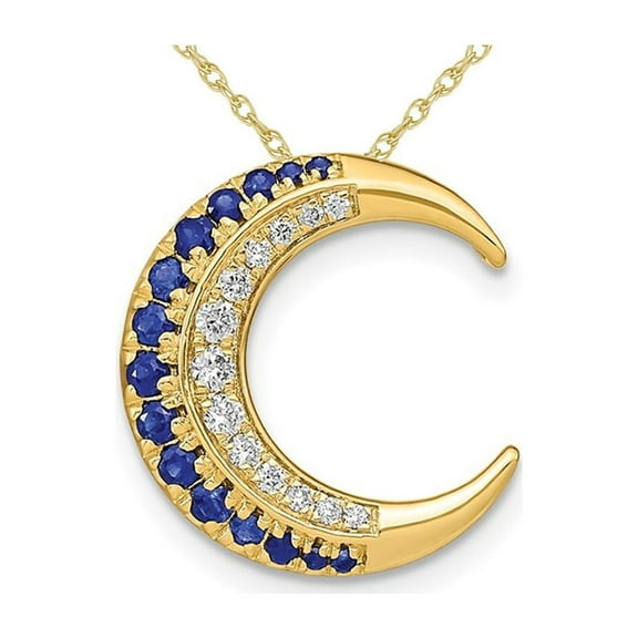 1/5 Carat (Ctw) Natural Blue Sapphire and Diamond Moon Charm Pendant Necklace in 14K Yellow Gold with Chain