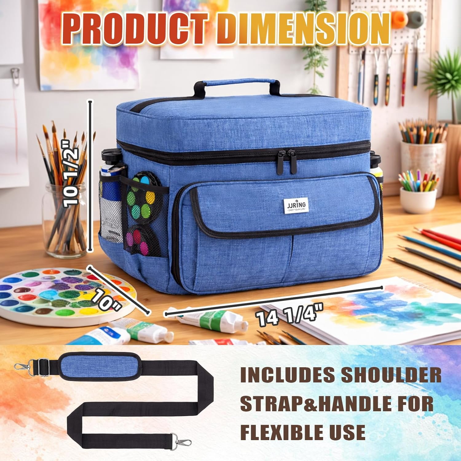 LAVFOX Acrylic Paint Organizer Bag, Travel Craft Storage Case with Adjustable Dividers for Multi-Size Bottles, Portable Art Supply Tote Features 12-Slot Brush Holder and Clear Pocket, Ocean Blue