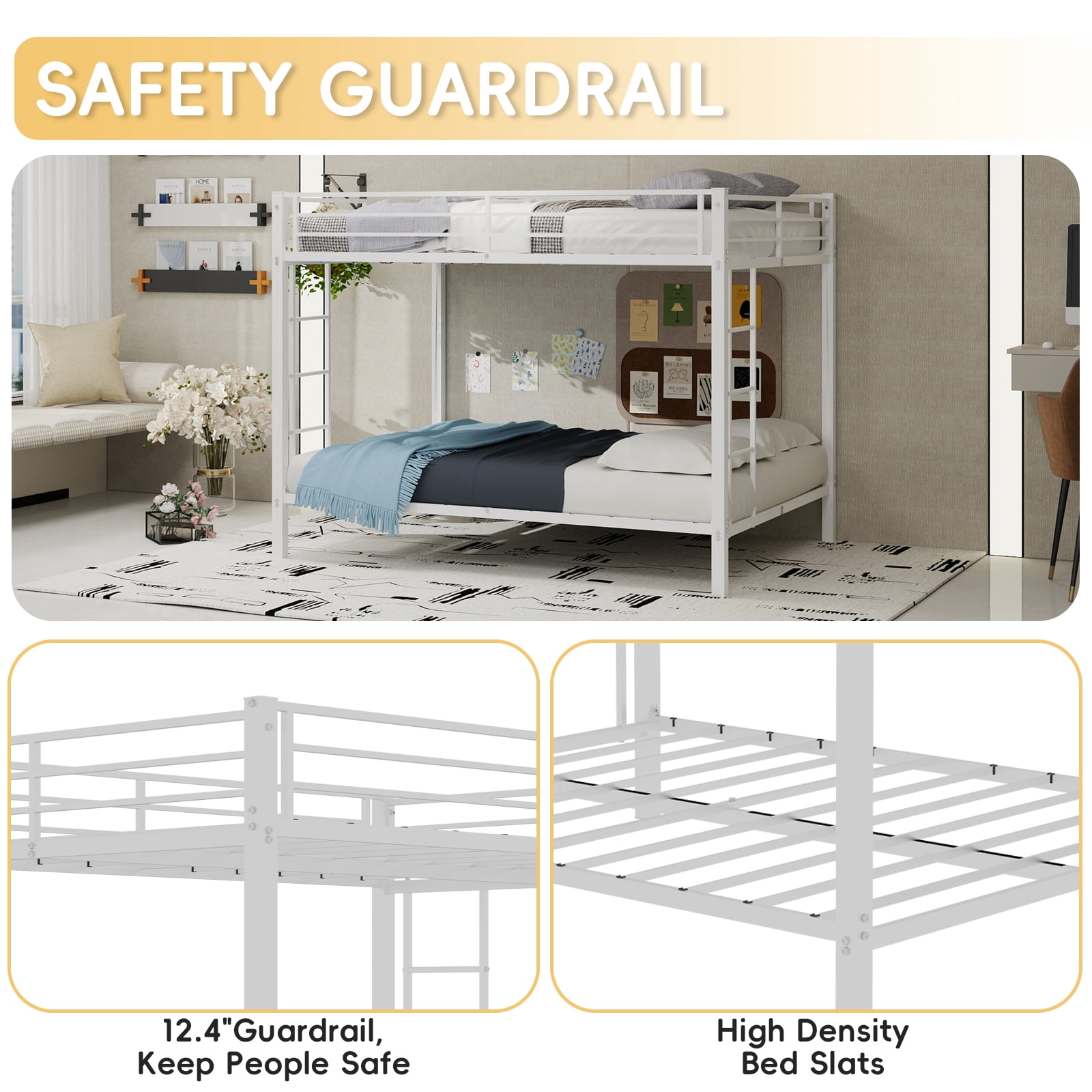 Leumius Full over Full Metal Bunk Bed Frame with Safety Rails & Ladders, Heavy-Duty Quiet Design for Teens and Adults,White