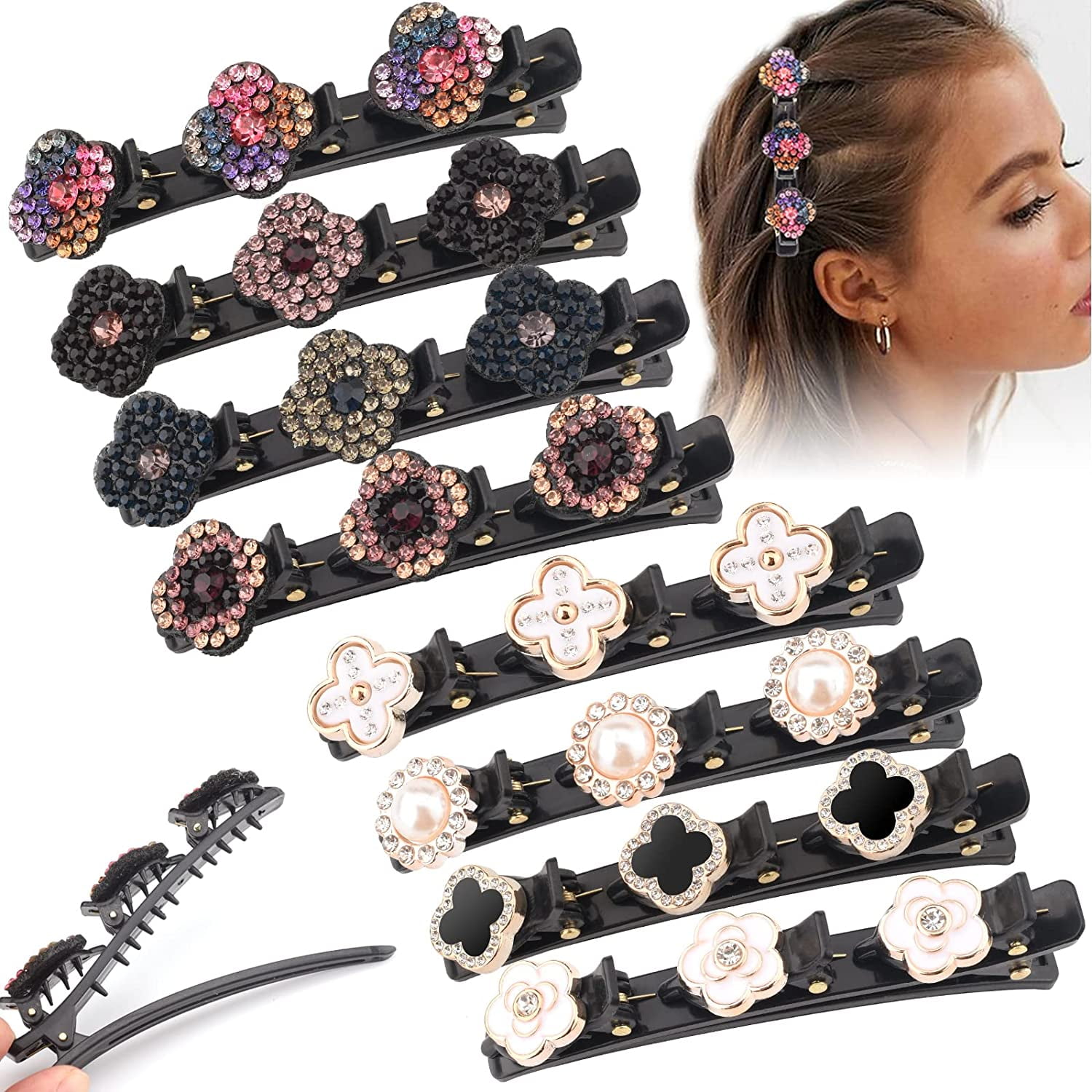 8PCS Braided Hair Clips For Women and Girls,Satin Fabric Hair  Bands,Four-Leaf Clover Chopped Hairpin Duckbill Clip,Rsvelte Sparkling  Crystal Stone Hair Clips with Rhinestones 