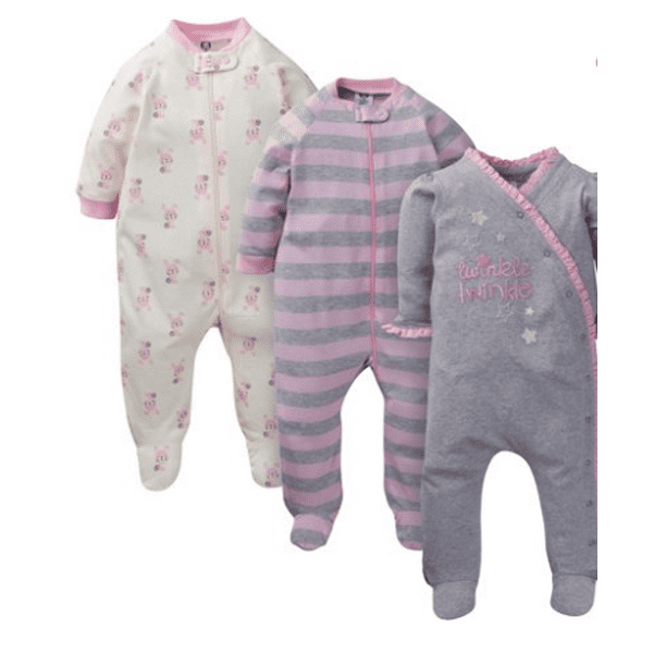 Gerber Baby Girl Organic Cotton ZipUp Sleep 'N Play Pajamas, 3Pack