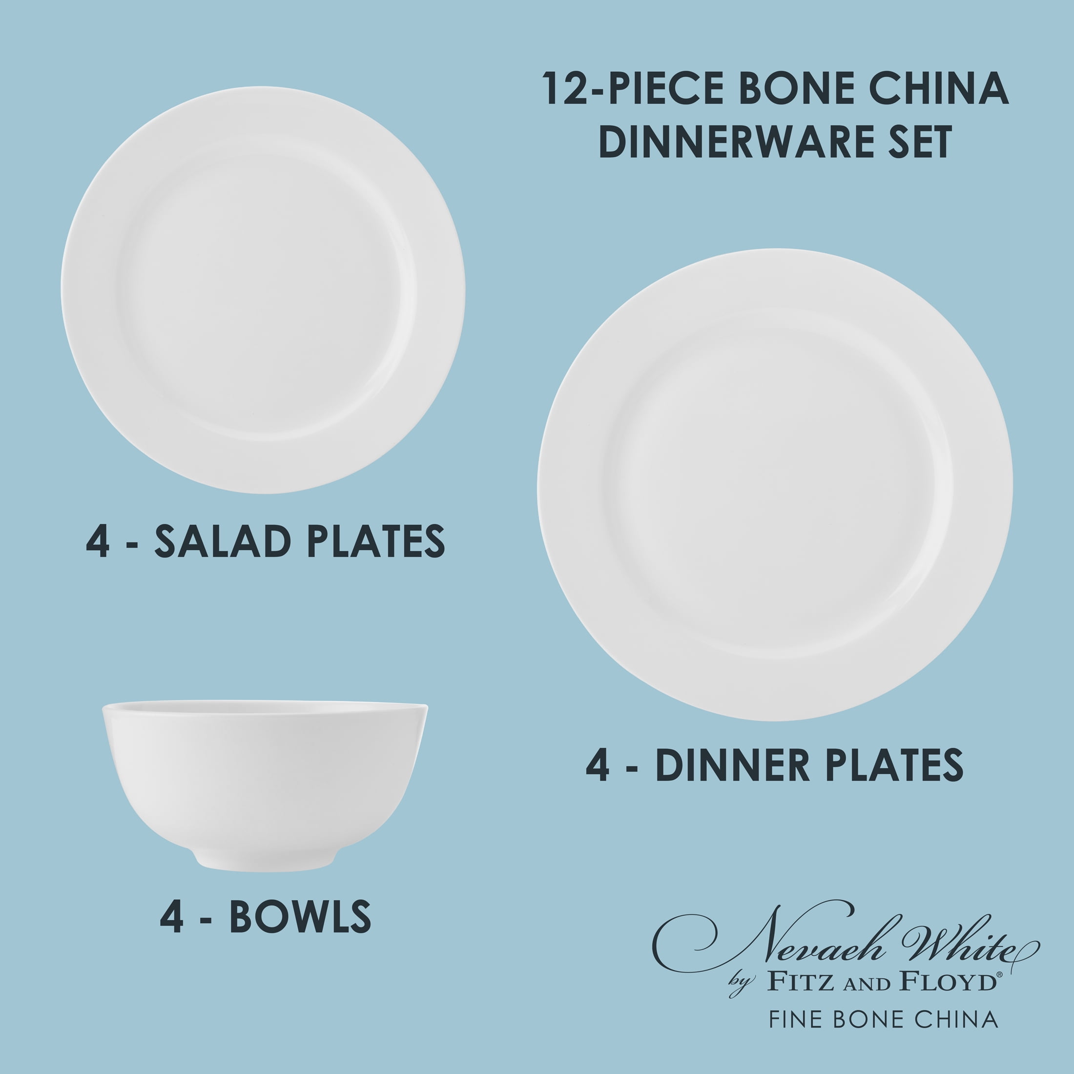 Fitz and Floyd Nevaeh White Classic Rim 12-Piece Bone China Dinnerware Set (Service for 4)