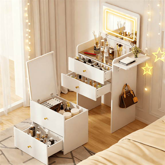 COMHOMA Small Vanity Desk with Mirror and Lights, 3 in 1 Makeup Table Set, Glass Top, Storage Stool, White