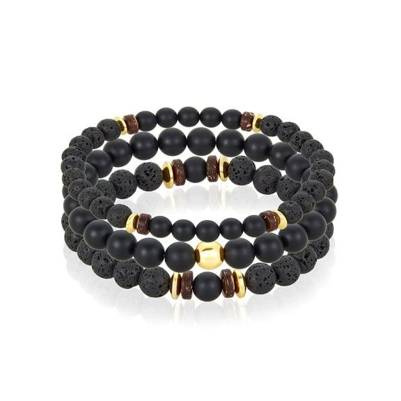 Crucible Jewelry Men's Matte Agate Stone with Gold Plated Hematite, Lava and Wood Bead Stretch Bracelet Set of 3