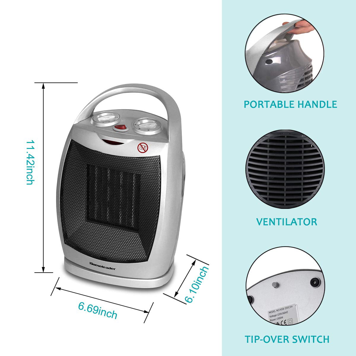 Oscillating Ceramic Portable Heater with Built-in Adjustable Thermostat NSB-200C3H 750W/1500W Homeleader Space Heater 