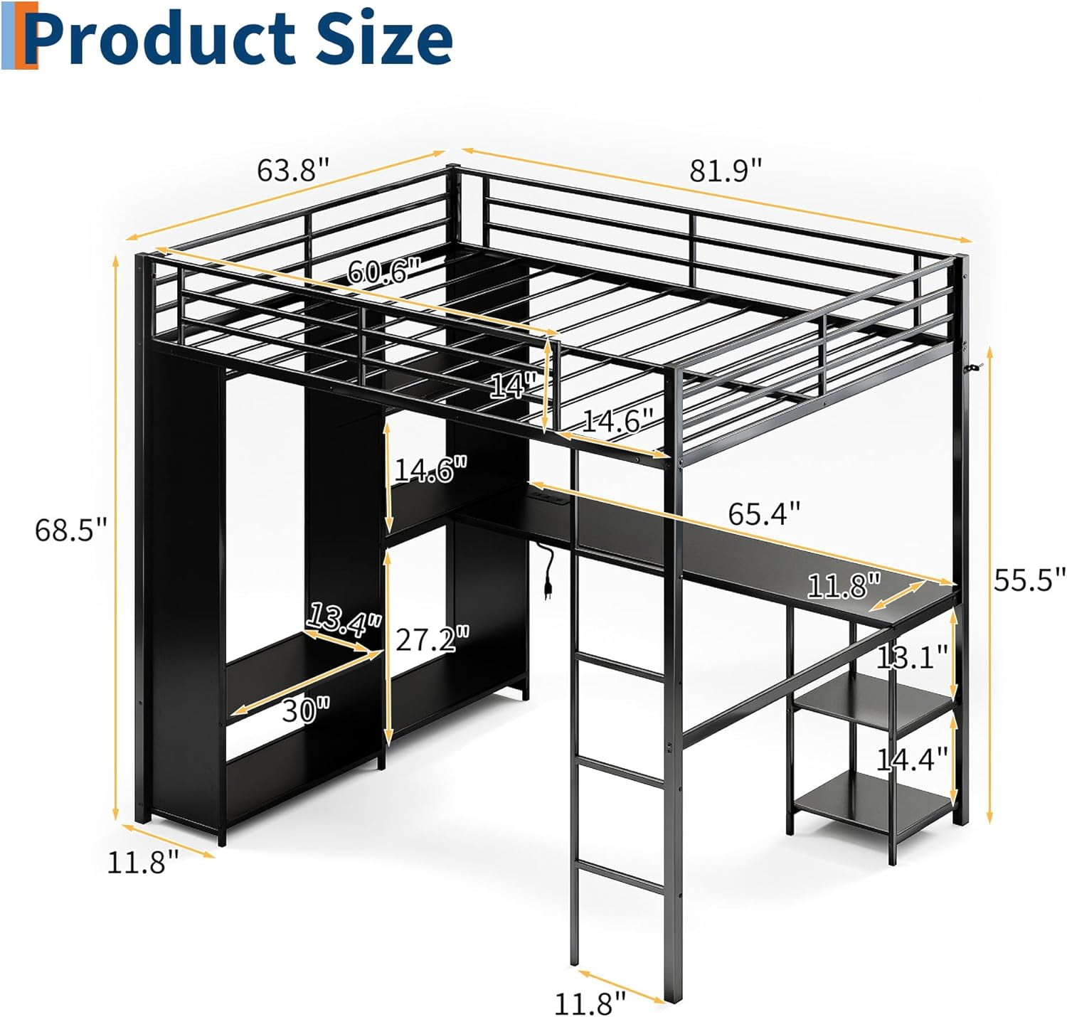 Rugerasy Queen Size Metal Loft Bed with Desk and Storage Shelves,Heavy Duty Bedframe with Wardrobe,Hanging Rod,Guardrail and Ladder,Black