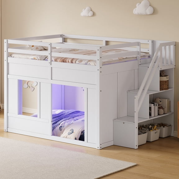 Full Loft Bed with Storage Stairs and LED Lights, Wood Low Loft Bed with Guardrails, Open Under-Bed Space and No Box Spring