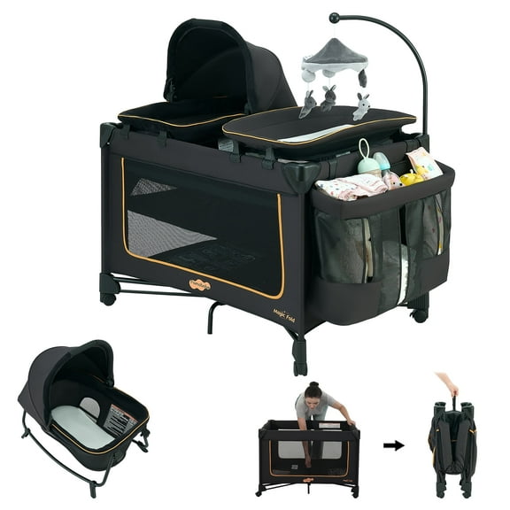 Pamo Babe Baby Playard Magic Fold 1 Step Bassinet & Changing Table for Newborn, 4-Panels (Black)