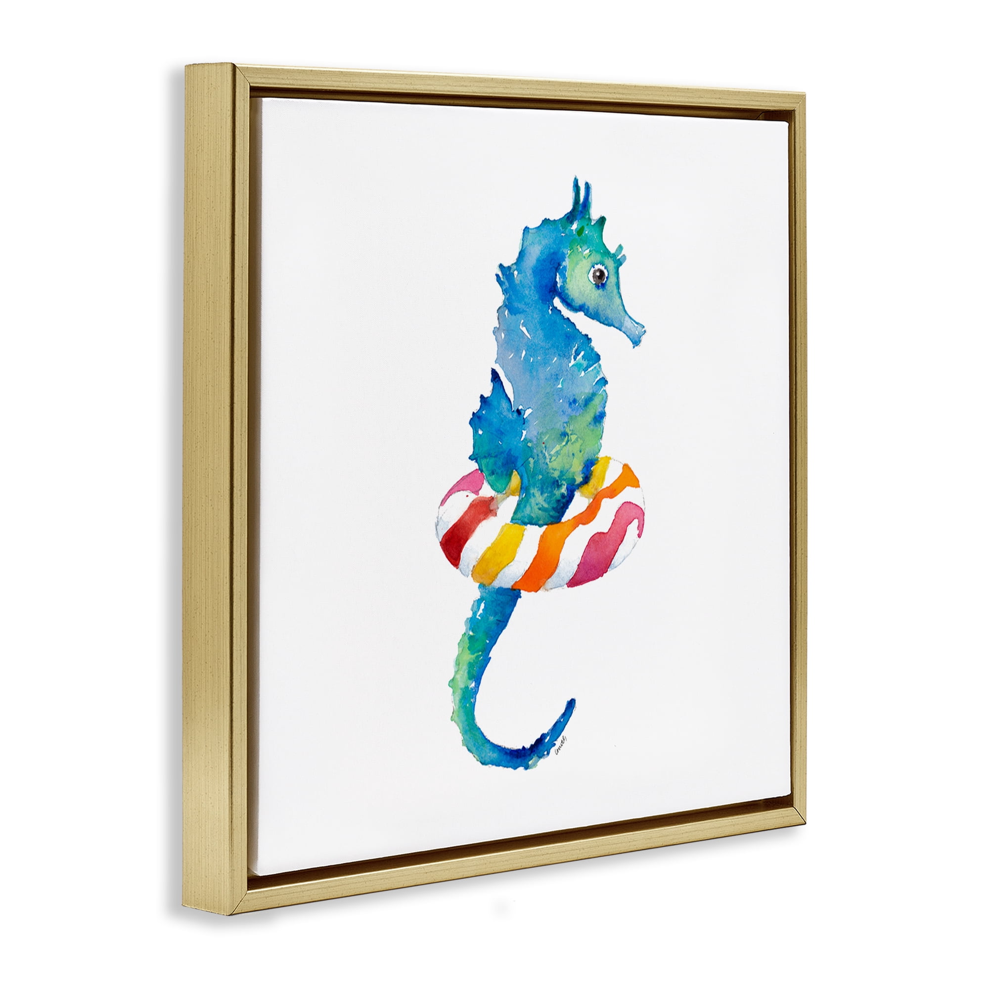 Stupell Industries Summer Float Seahorse Novelty Painting Gold Floater Framed Canvas Art Print Wall Art, 25 x 25