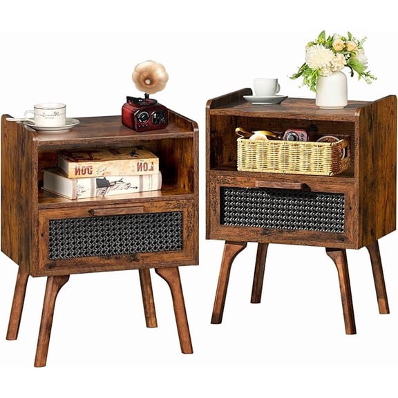 Rattan Nightstands Set of 2, Boho Side Table with Drawer Open Shelf, Cane Accent Bedside End Table with Solid Wood Legs for Bedroom, Dorm and Small Spaces (Brown)