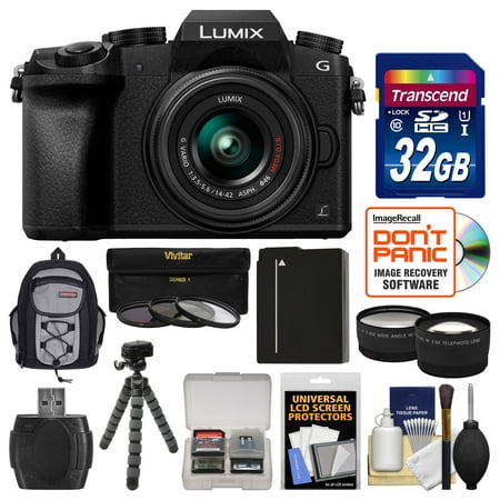 Panasonic Lumix DMC-G7 4K Wi-Fi Digital Camera + 14-42mm Lens (Black) with 32GB Card + Backpack + Battery + Flex Tripod + Filters + Tele/Wide Lens (Best Lens Lumix G7)