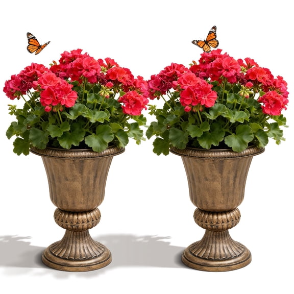 MoNiBloom 20" Plastic Urn Planter Vase for Outdoor Indoor Plants Garden Patio Vintage Decorative Pedestal Roman Flower Pot Decoration Retro Home Front Porch Door Decor (Antique Brass)