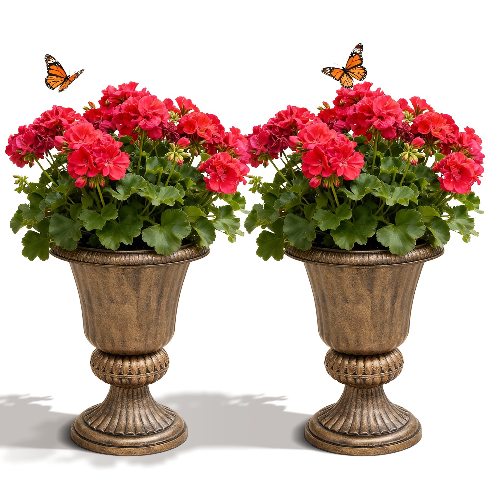 MoNiBloom 20" Plastic Urn Planter Vase for Outdoor Indoor Plants Garden Patio Vintage Decorative Pedestal Roman Flower Pot Decoration Retro Home Front Porch Door Decor (Antique Brass)