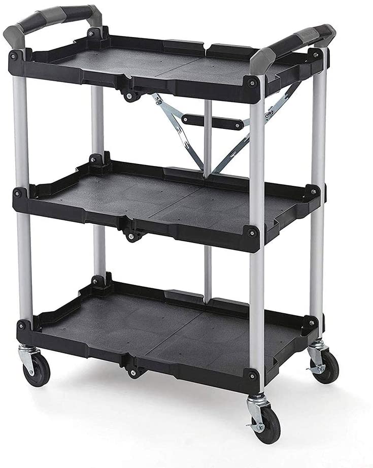 3Shelf Collapsible 4Wheeled MultiPurpose Utility Cart in Black by Olympia