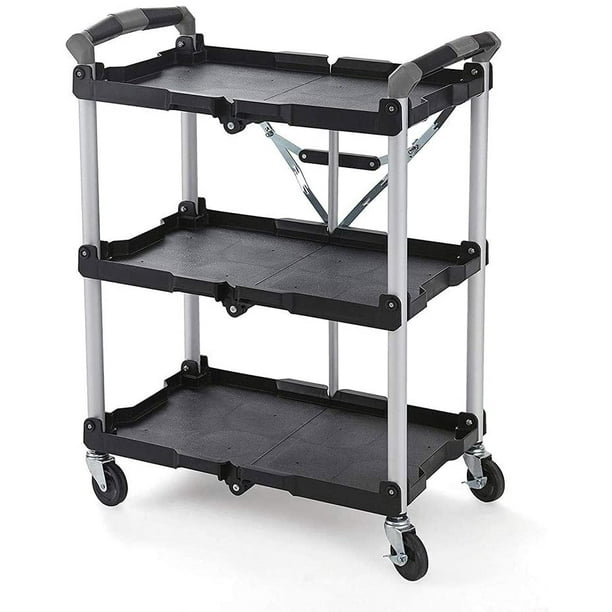 3Shelf Collapsible 4Wheeled MultiPurpose Utility Cart in Black by