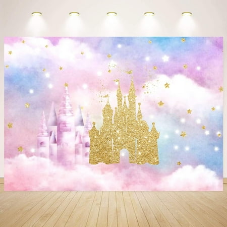 Image of Gold Fantasy Castle Backdrop Watercolor - Perfect for Birthday Parties and Portraits - Upgraded Vinyl Material - Easy to Hang - Ideal for Professional Photography