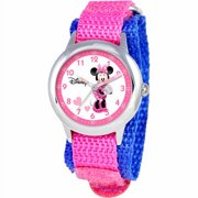 Disney Kids Minnie Mouse Pink/Blk Velcro Band Time Teacher Watch