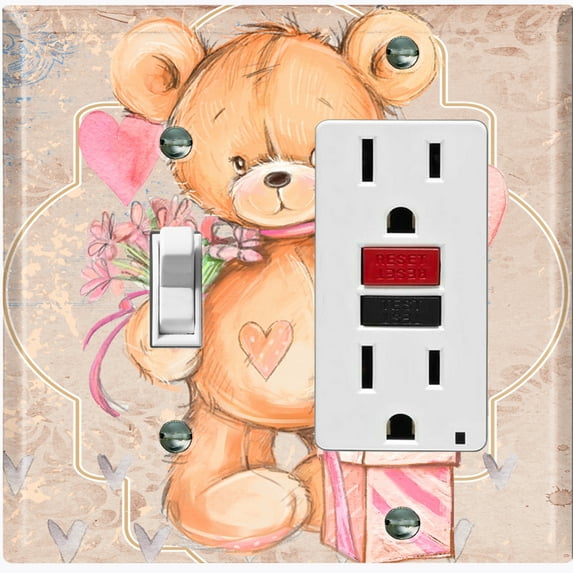 Metal Light Switch Wall Plate Outlet Cover (Teddy Bear Love Heart Flower Bouquet Balloon Present Tan - Single Toggle Single Rocker)