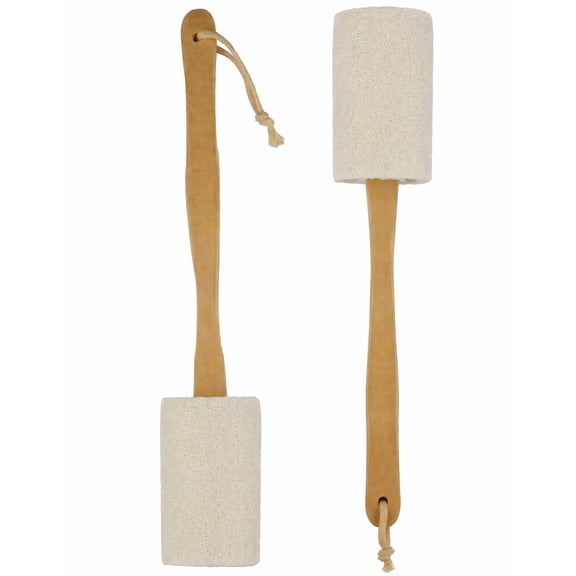 2 Pack Natural Loofah Back Scrubber with Long Wooden Handle for Shower, Exfoliating Luffa Bath Brush Body Sponge for Men & Women, Sturdy Grip