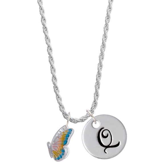 Delight Jewelry Silvertone Translucent Pastel Flying Butterfly Silvertone Script Initial Disc - Q - Charm Necklace, 20"+3"