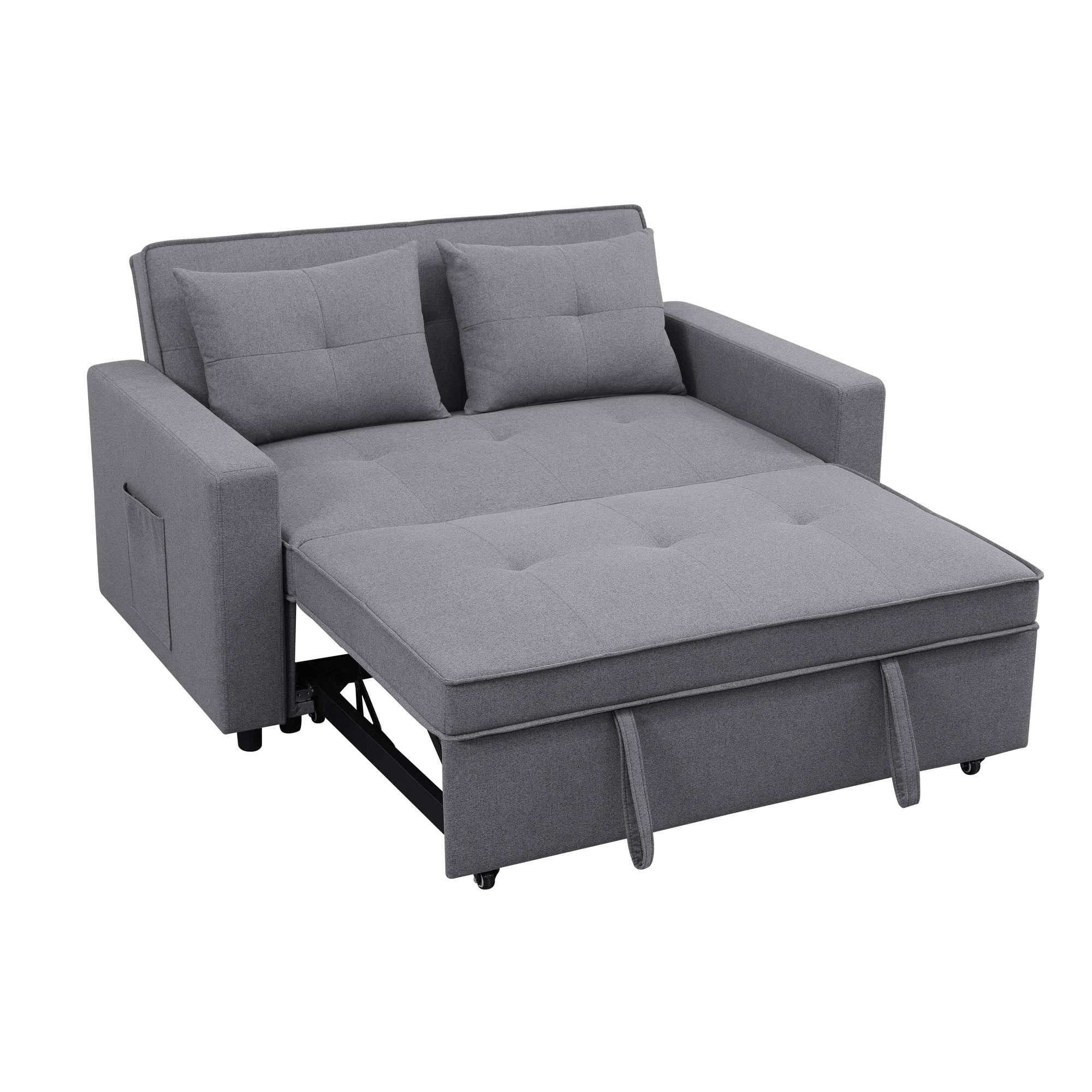 3-in-1 Convertible Sleeper Sofa Bed, Modern Futon Loveseat Velvet Pull-Out Couch Bed with Adjustable Backrest & Side Storage Pockets for Small Living Room, Grey
