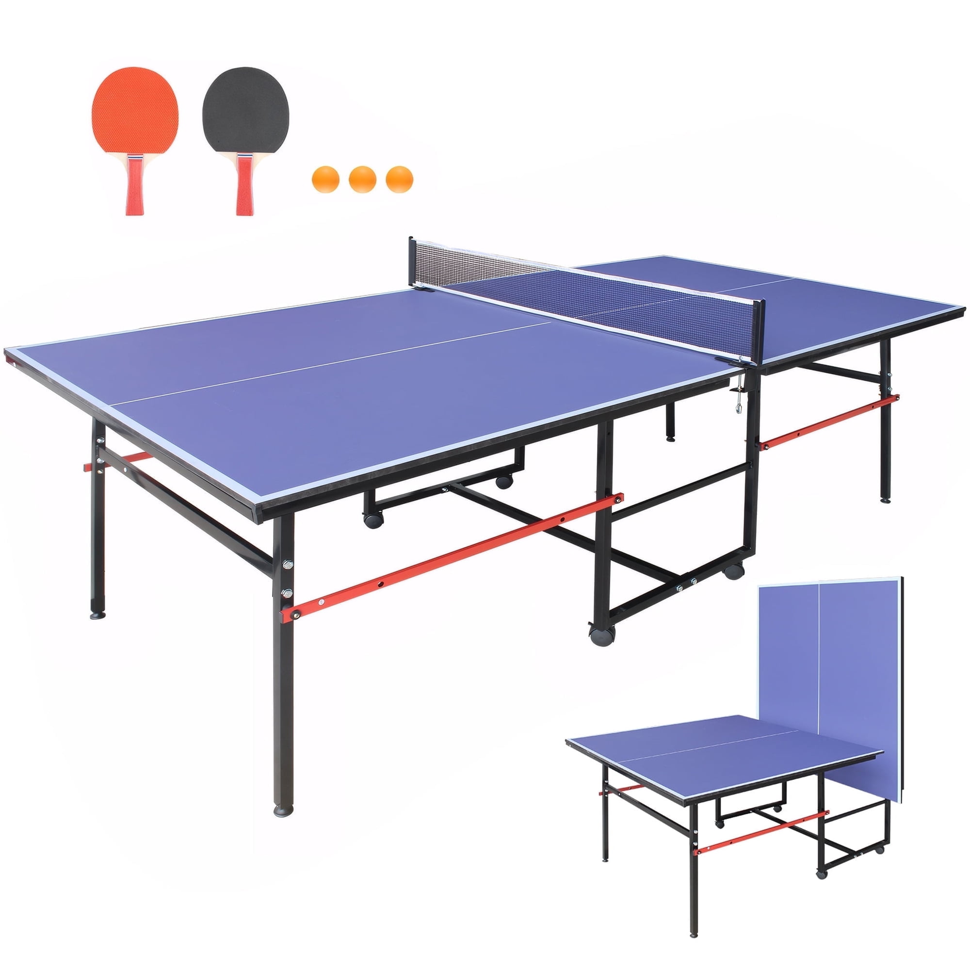 8FT Mid-Size Table Tennis Table, SEGMART Foldable Outdoor Ping Pong Table with Net, 2 Table Tennis Paddles and 3 Balls, Portable Table Tennis Game Set for Indoor Outdoor, Blue
