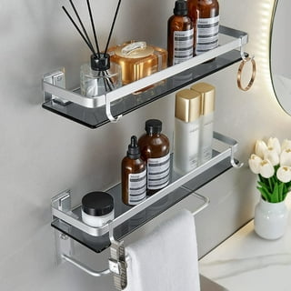 CERBIOR Bathroom Shelves,Rectangular Tempered Glass Shelf with Towel Bar,  Wall Mounted, Silver 