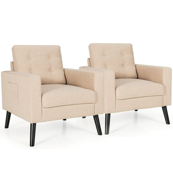 Costway Set of 2 Accent Armchairs Upholstered Single Sofa Chairs w/ 2-Side Pockets Beige