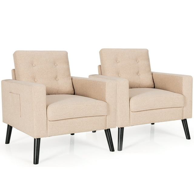 Costway Ensemble de 2 Fauteuils d'Appoint, Fauteuils Individuels Rembourrés avec Poches Latérales des 2 Côtés, Beige
