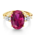 thumbnail image 3 of Gem Stone King 18K Yellow Gold Plated Silver Red Created Ruby and Lab Grown Diamond Engagement Ring for Women | 3.70 Cttw | Oval 14X10MM | Gemstone July Birthstone | Size 7, 3 of 6