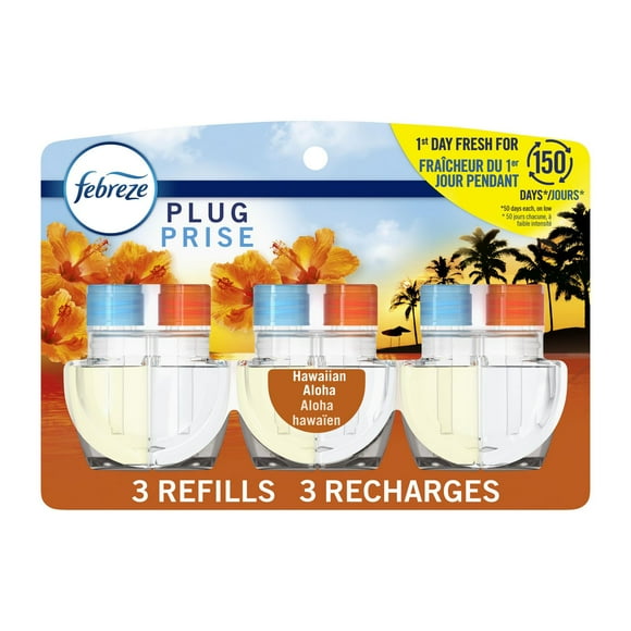 Febreze Plug In Air Freshener, Odor-Fighting Scented Oil Refill, Hawaiian Aloha Scent, 3 Refills