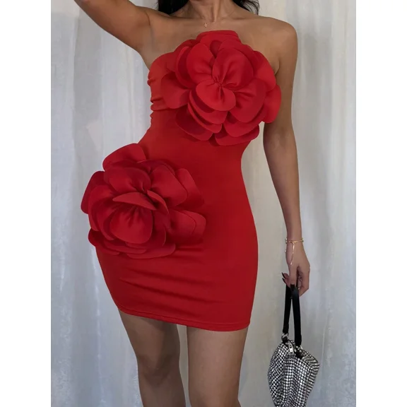 Red 3D Floral Bodycon Mini Dress With Strapless Fit And Flower