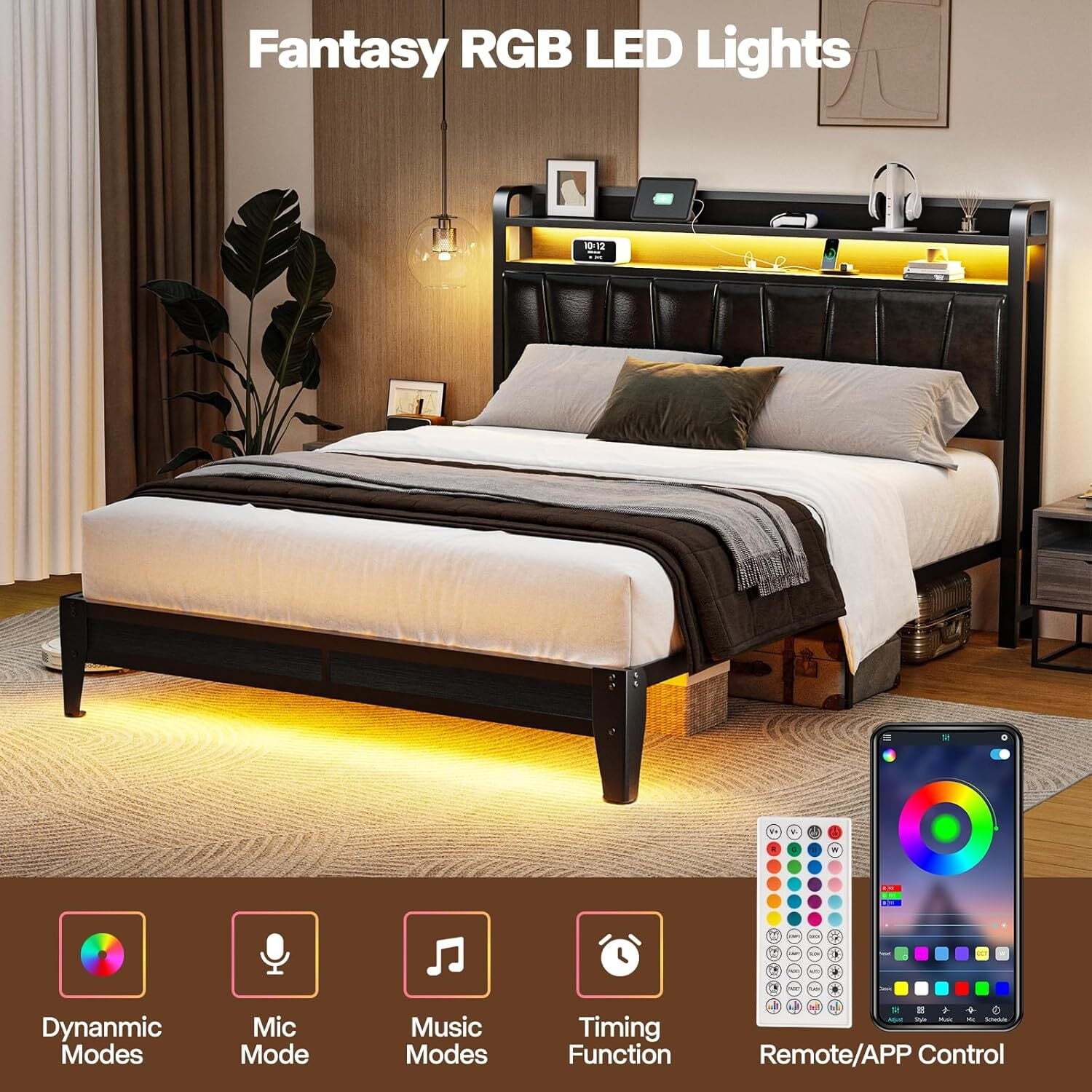 Queen Size Metal Platform Bed Frame with LED Lights and Charging Station, 2-Tier Storage Shelves and PU Leather Headboard for Master Bedroom, No Box Spring Needed, Black
