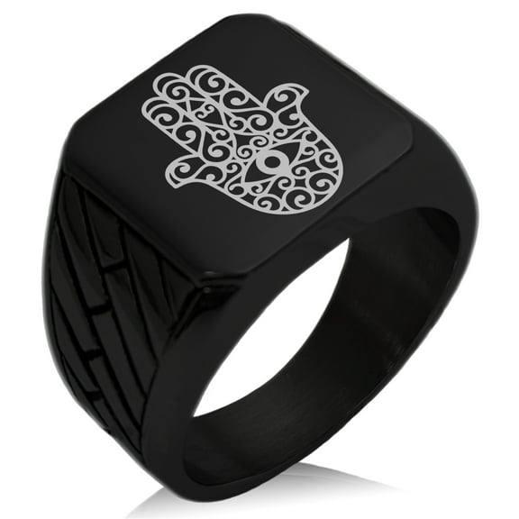 Stainless Steel Filigree Hamsa Hand of Fatima Geometric Pattern Biker Style Polished Ring