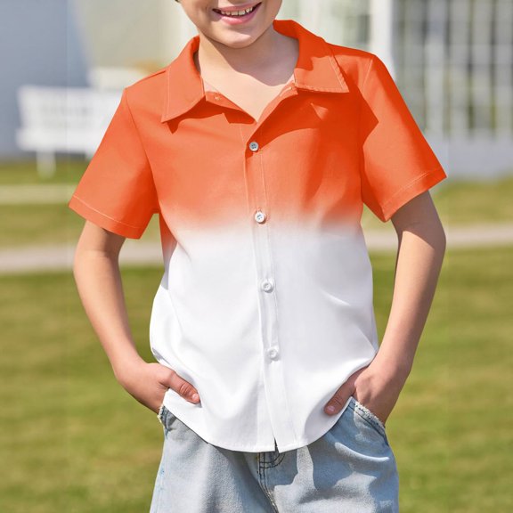 SOFTCCLO Boys Shirts Short Sleeve Lapel Collar Button Down Tops Gradient Color Summer Stylish Casual Kids Shirts Size 11-12Y