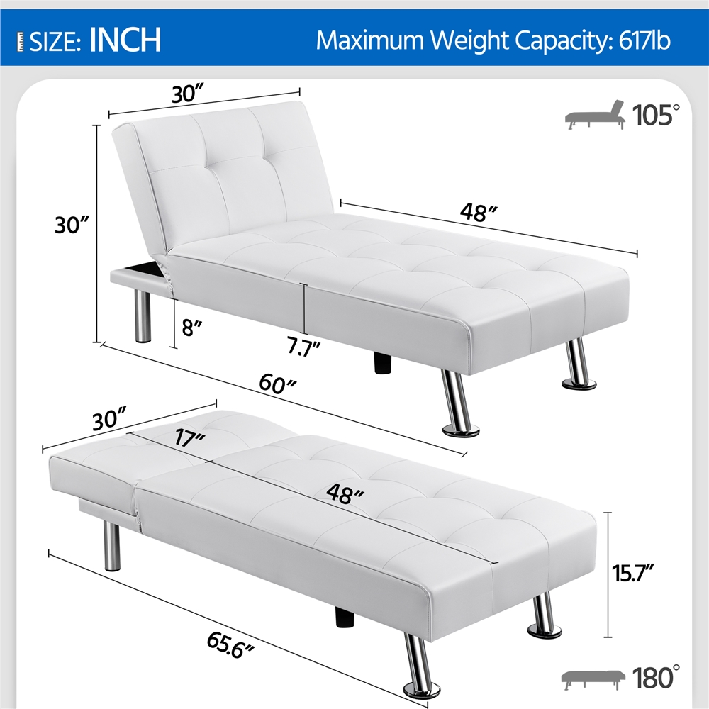Renwick Convertible Faux Leather Futon Chaise Lounge, White - image 3 of 11