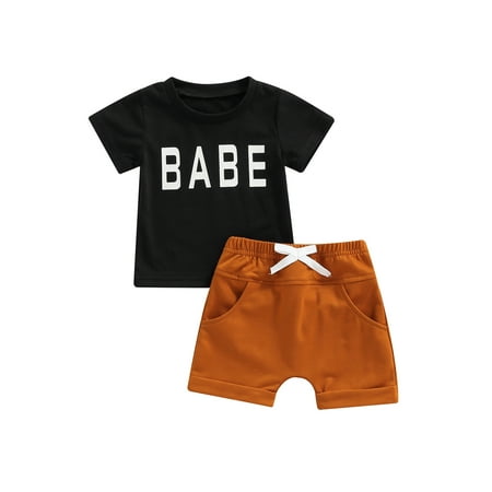

Arvbitana Baby Boys Sportswear Outfits Letter Print Short Sleeve T-Shirts + Knot Front Shorts Summer Clothes Set 2Pcs 0-24M