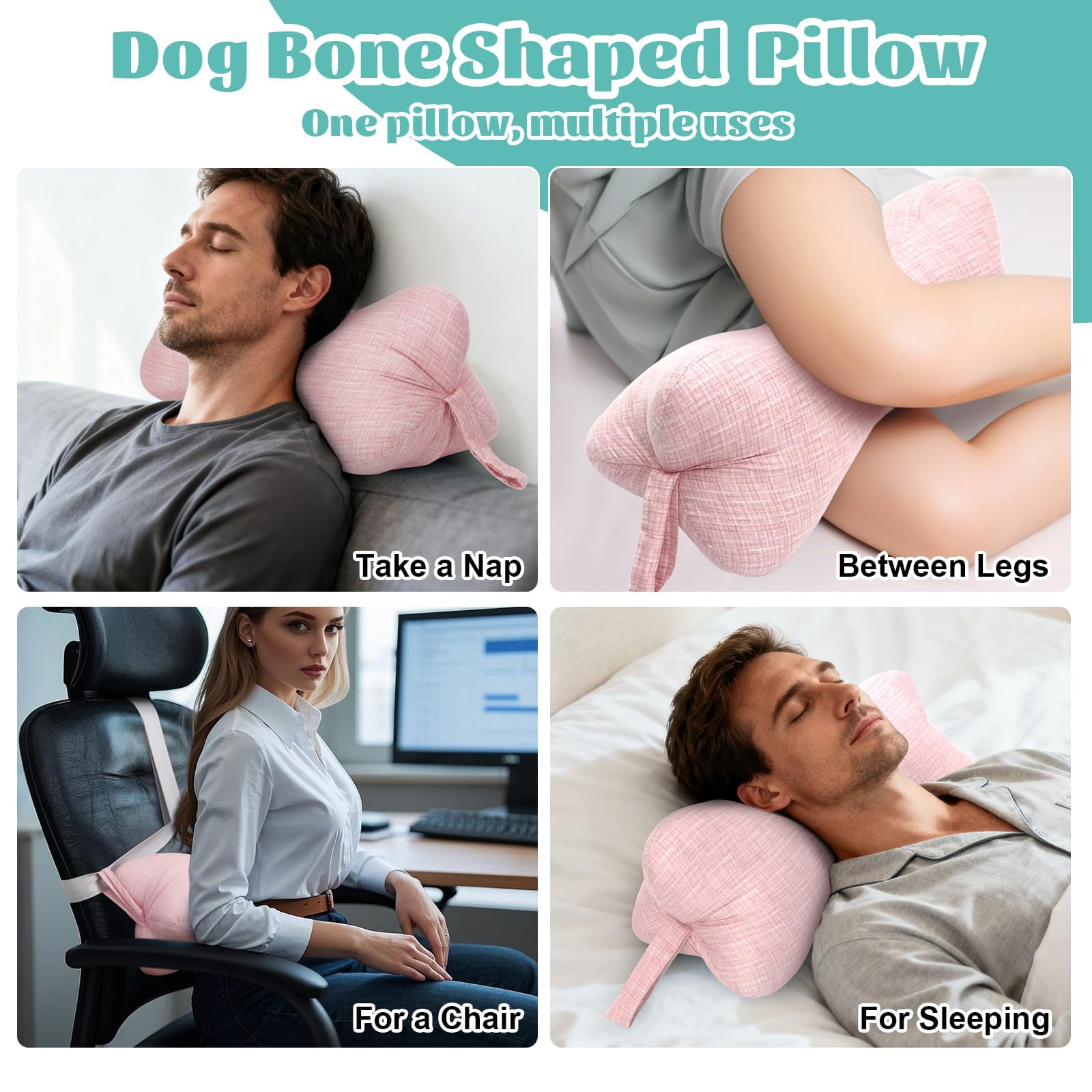 RoamReady Dog Bone Neck Pillow, Fixed Rope Loops Chiropractic Support, Travel Driving Lumbar Comfort, Adult Pink