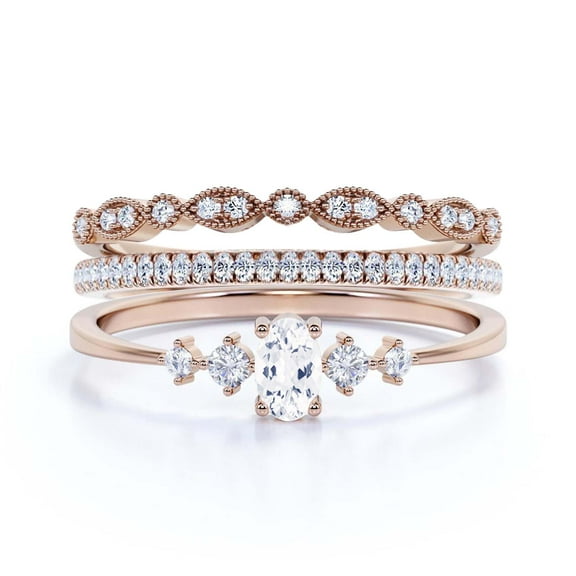 Minimalist Classic 1.65 Carat Oval Cut Diamond Moissanite Engagement Ring, Fairy And Dainty Ring, Wedding Ring in 925 Sterling Silver With 18k Rose Gold Plating, Gift, Promise Ring, Trio Rings Set