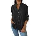 thumbnail image 3 of Baikeli Womens Cotton Button Down Shirts Rolled Up Long Sleeve Band Collar Blouse Basic Solid Office Work Shirt Liquidación Black XL, 3 of 8