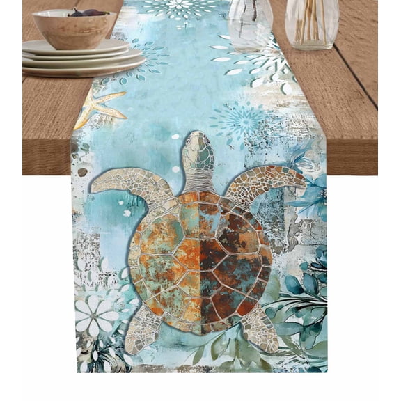 ERUNPONLY Sea Turtle Coastal Table Runner - 90 Inch Long Teal Nautical Starfish Botanical Cotton and Linen Blended Dress Scarves Farmhouse Table Runner for Kitchen Dining, Coffee Table, 13" x 90"